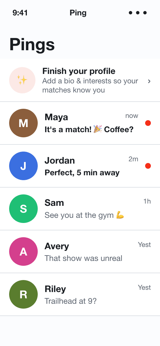 Your matches: a mutual Ping opens a chat