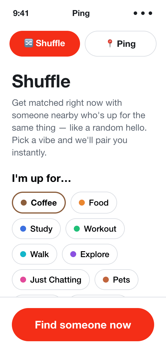 Ping Shuffle: get matched instantly with someone nearby